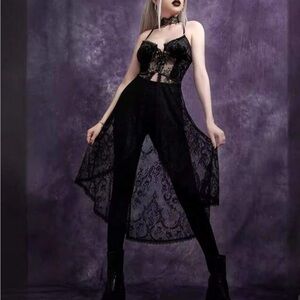 Witchy Goth ~ Black Lace Overlay, Open Front Camisole Corsete Style Top